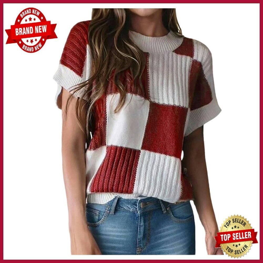 Short Sleeve Knit Pullover Sweater Acrylic Loose Fit Casual